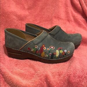 Dansko Gray and Brown Clogs with Artistic Floral Embellishments